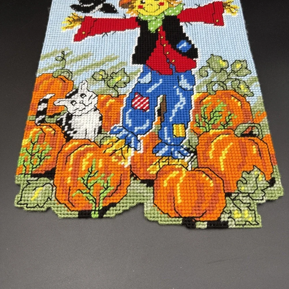 Plastic Canvas Fall Wall Decor Completed Scarecrow Pumpkins 12 X 18